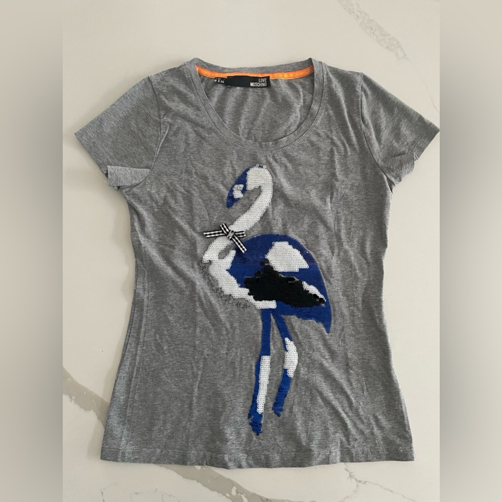 Love Moschino Gray Tee with Blue and White Flamingo